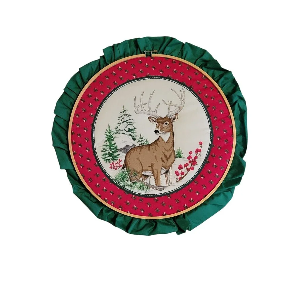 Christmas Deer Handmade Hoop Art Buck Doe Winter Wall Art Vintage 17.5